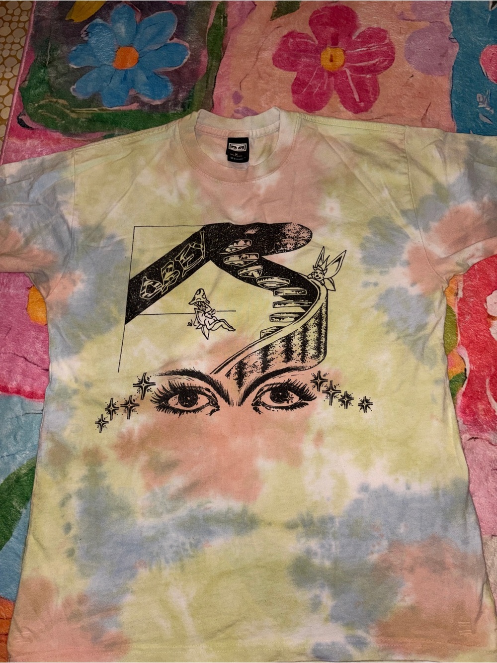 Obey Pastel Tie-Dye Tee with Black Eye Illustration